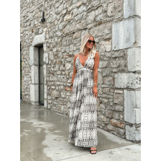 Robe longue à motifs Sloane - Ecru/Gris