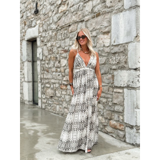 Robe longue à motifs Sloane - Ecru/Gris