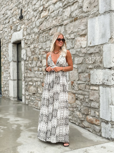 Robe longue à motifs Sloane - Ecru/Gris
