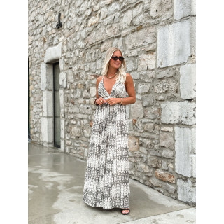Robe longue à motifs Sloane - Ecru/Gris