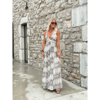 Robe longue à motifs Sloane - Ecru/Gris