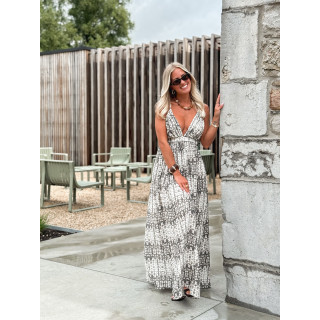 Robe longue à motifs Sloane - Ecru/Gris