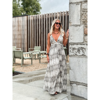 Robe longue à motifs Sloane - Ecru/Gris