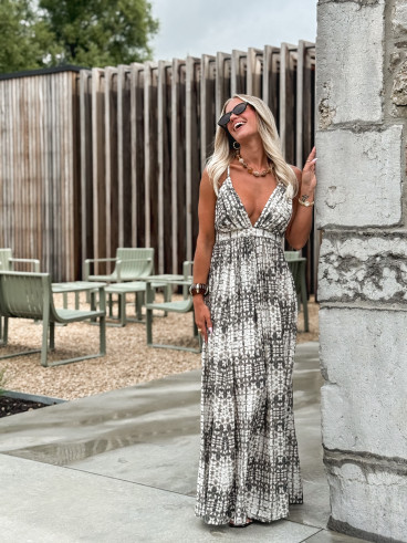 Robe longue à motifs Sloane - Ecru/Gris
