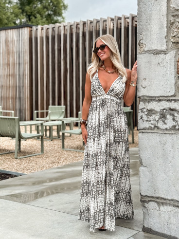 Robe longue à motifs Sloane - Ecru/Gris