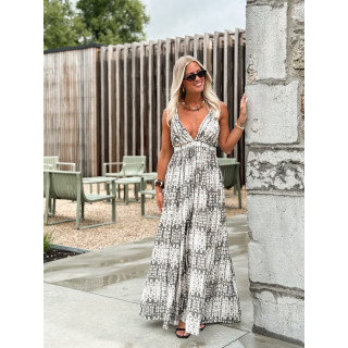 Robe longue à motifs Sloane - Ecru/Gris