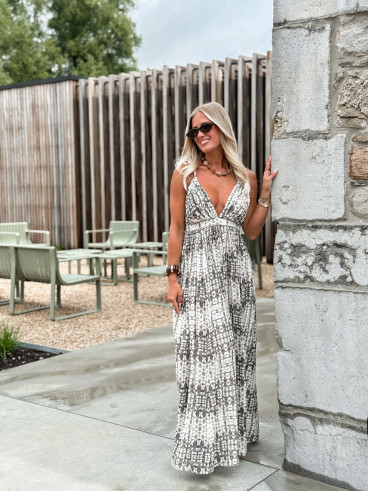 Robe longue à motifs Sloane - Ecru/Gris