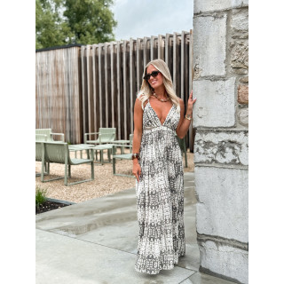 Robe longue à motifs Sloane - Ecru/Gris
