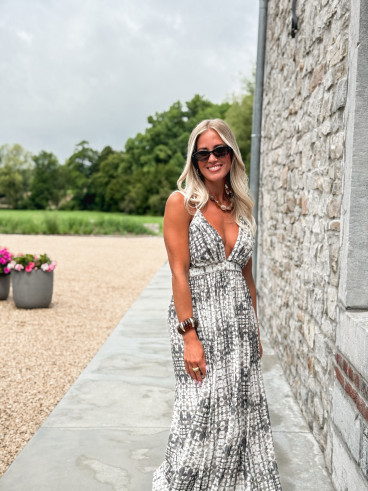 Robe longue à motifs Sloane - Ecru/Gris