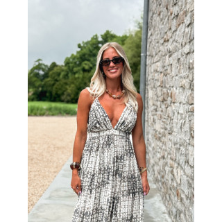 Robe longue à motifs Sloane - Ecru/Gris