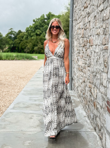 Robe longue à motifs Sloane - Ecru/Gris