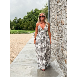 Robe longue à motifs Sloane - Ecru/Gris