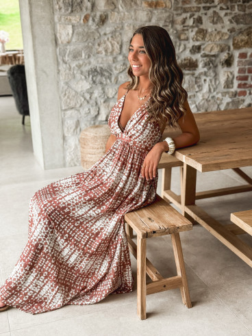 Robe longue à motifs Sloane - Ecru/Choco