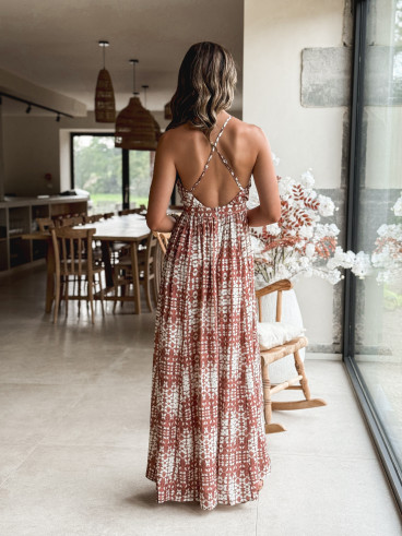 Robe longue à motifs Sloane - Ecru/Choco
