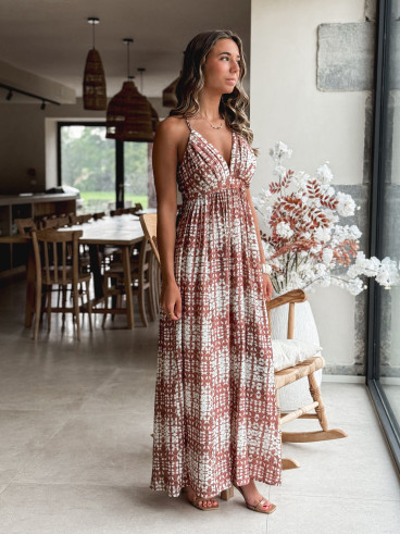 Robe longue à motifs Sloane - Ecru/Choco