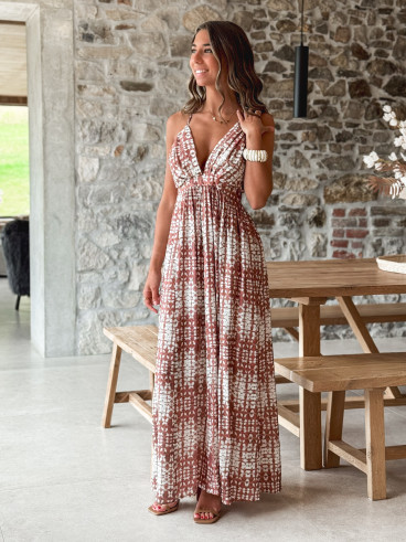 Robe longue à motifs Sloane - Ecru/Choco