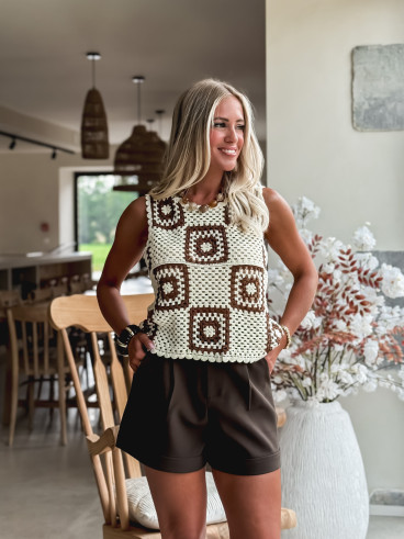 Blouse en crochet Loubna - Ecru/Chocolat