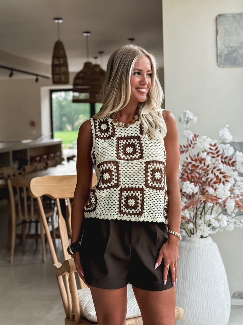 Blouse en crochet Loubna - Ecru/Chocolat
