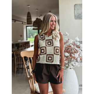 Blouse en crochet Loubna - Ecru/Chocolat