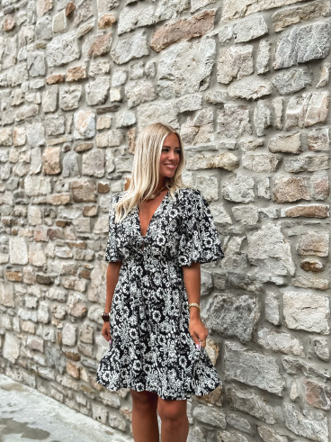 Robe courte à fleurs Marilène - Noir