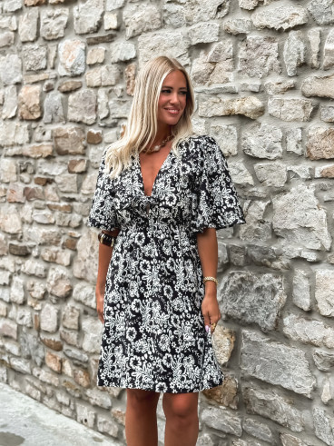Robe courte à fleurs Marilène - Noir