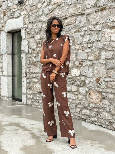 Pantalon à fleurs Alessya - Chocolat