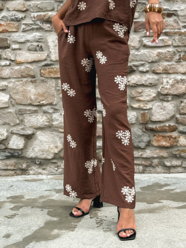 Pantalon à fleurs Alessya - Chocolat