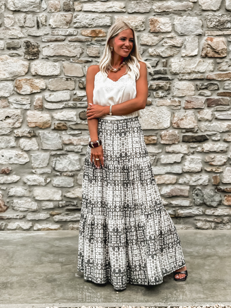 Jupe longue à motifs Sloane - Ecru/Gris