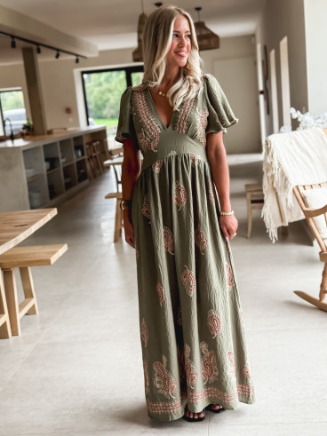 Robe longue à motifs Lysie - Kaki