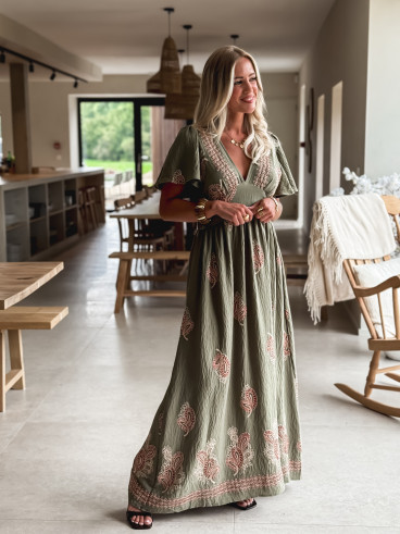Robe longue à motifs Lysie - Kaki