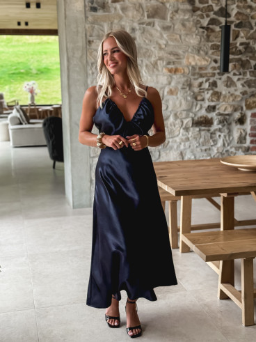 Robe longue satinée Madilyn - Bleu Marine