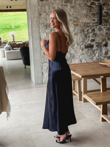 Robe longue satinée Madilyn - Bleu Marine
