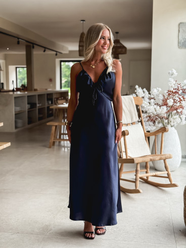 Robe longue satinée Madilyn - Bleu Marine