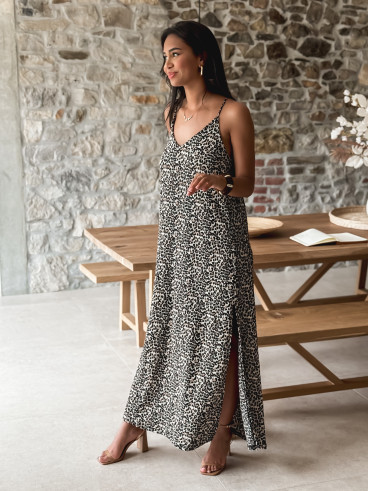 Robe longue léopard Joane - Beige/Noir