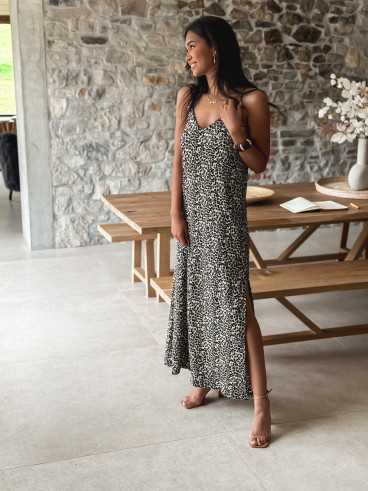 Robe longue léopard Joane - Beige/Noir