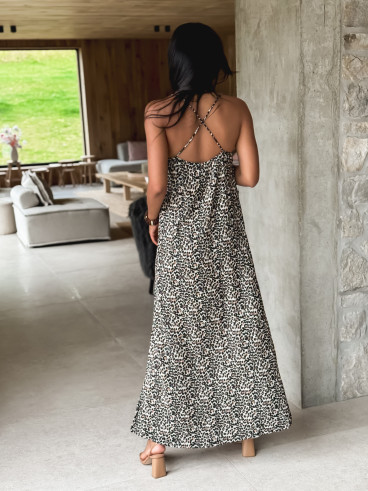 Robe longue léopard Joane - Beige/Noir