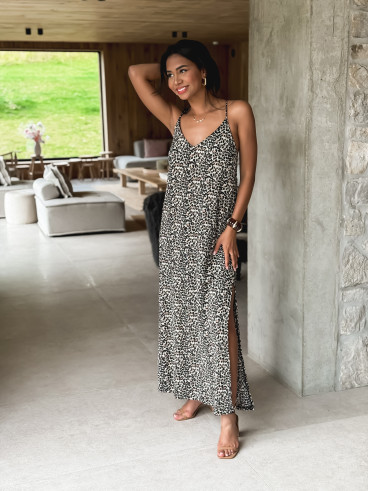 Robe longue léopard Joane - Beige/Noir