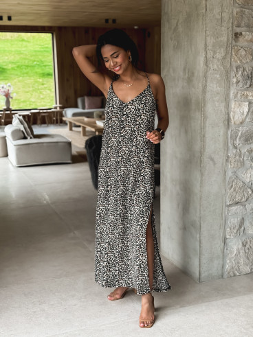 Robe longue léopard Joane - Beige/Noir