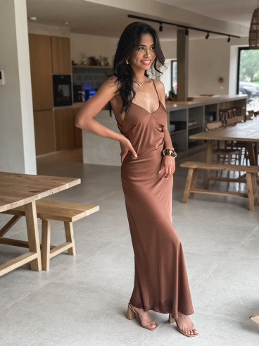 Robe longue satinée Jayda - Café