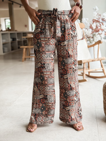 Pantalon à motif ethnique Asma - Noir/Brique