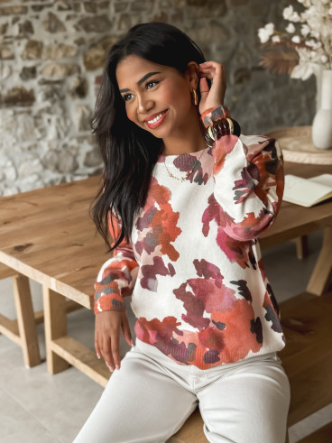 Pull à motif Annie - Ecru/Brique