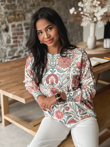 Pull à fleurs - Ecru/Rose