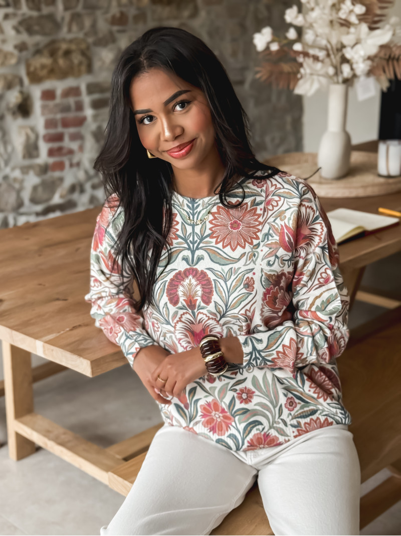 Pull à fleurs - Ecru/Rose