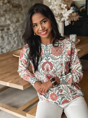 Pull à fleurs - Ecru/Rose