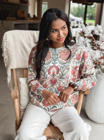 Pull à fleurs - Ecru/Rose