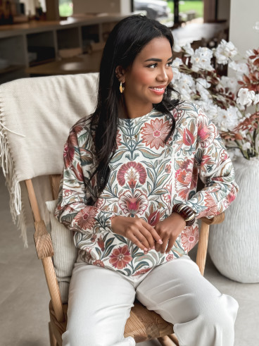 Pull à fleurs - Ecru/Rose