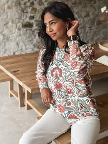 Pull à fleurs - Ecru/Rose