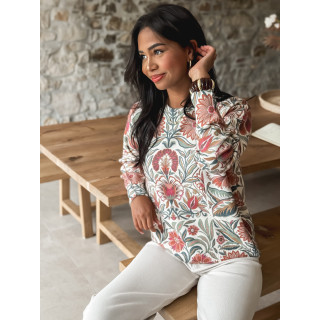 Pull à fleurs - Ecru/Rose