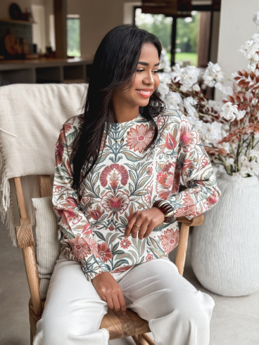 Pull à fleurs - Ecru/Rose