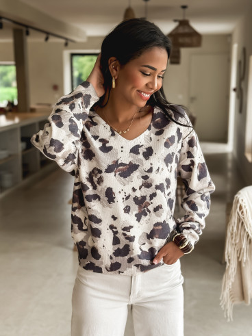Pull à motif léopard Azura - Beige